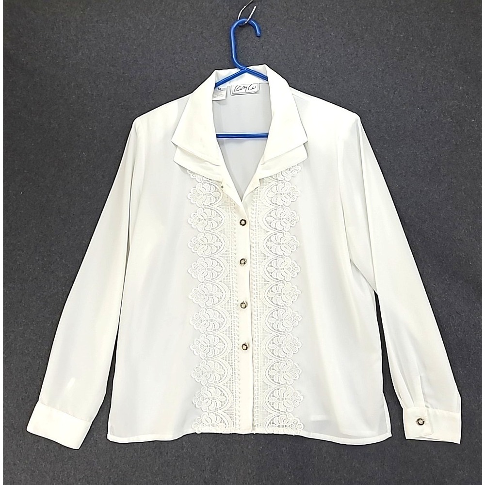Cathy Che Womens Blouse‎ w Lace Accent Sz 12 Bisiness Office Capsule